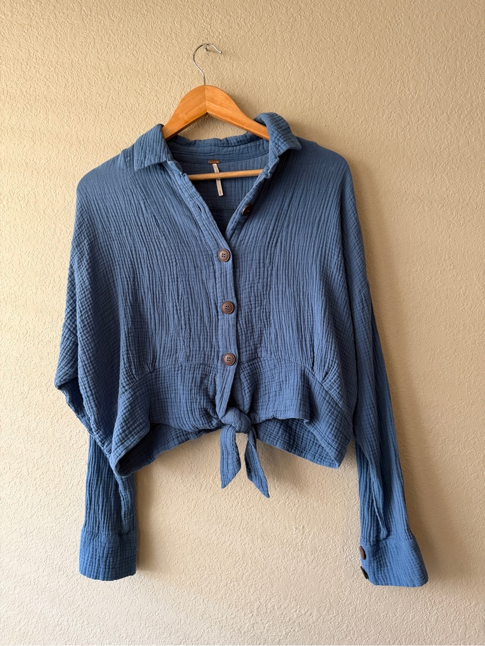 Free People Sunstreaks Cotton Button-Front Tie-Hem Women's Top Medium